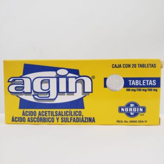 Ácido Acetilsalicílico/Ácido Ascórbico/Sulfadiazina tab 300mg/250mg/300mg
Agin c/20